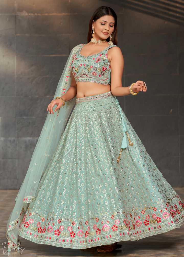 Pastel Blue Sequins Georgette Lehenga