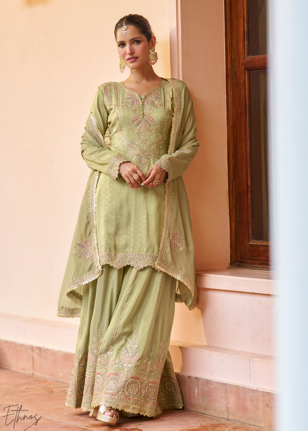 Pastel Green Embroidered Chinon Sharara Suit