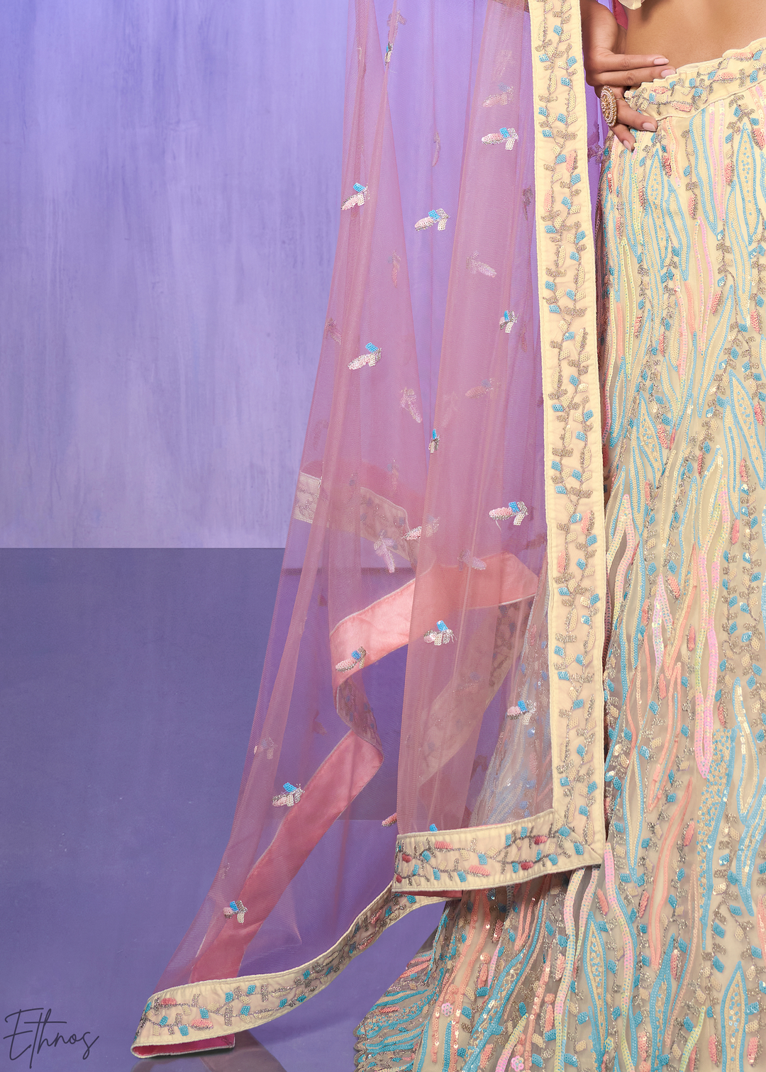 Pastel Peach & Aqua Multi-Color Embroidered Organza Lehenga Choli Set
