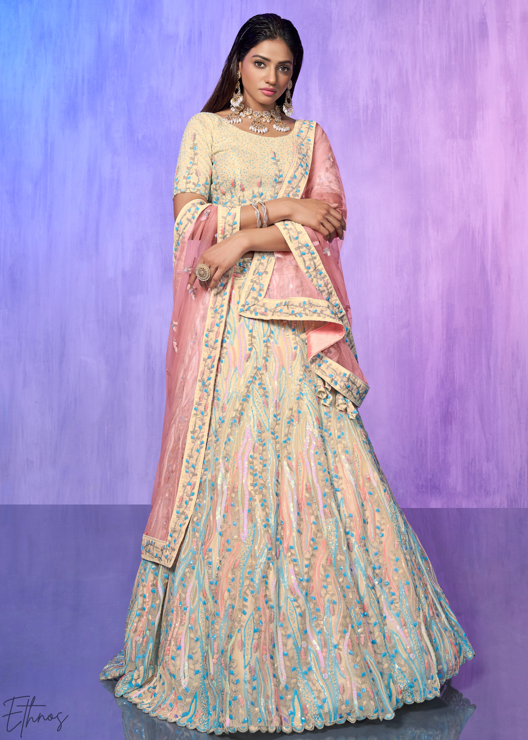 Pastel Peach & Aqua Multi-Color Embroidered Organza Lehenga Choli Set