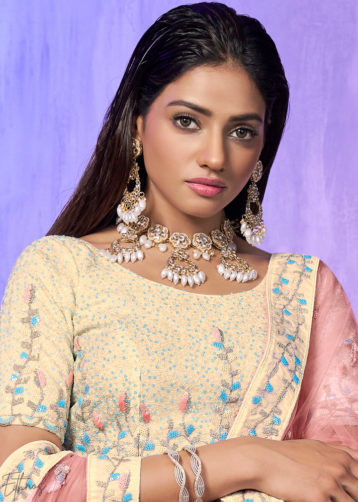 Pastel Peach & Aqua Multi-Color Embroidered Organza Lehenga Choli Set