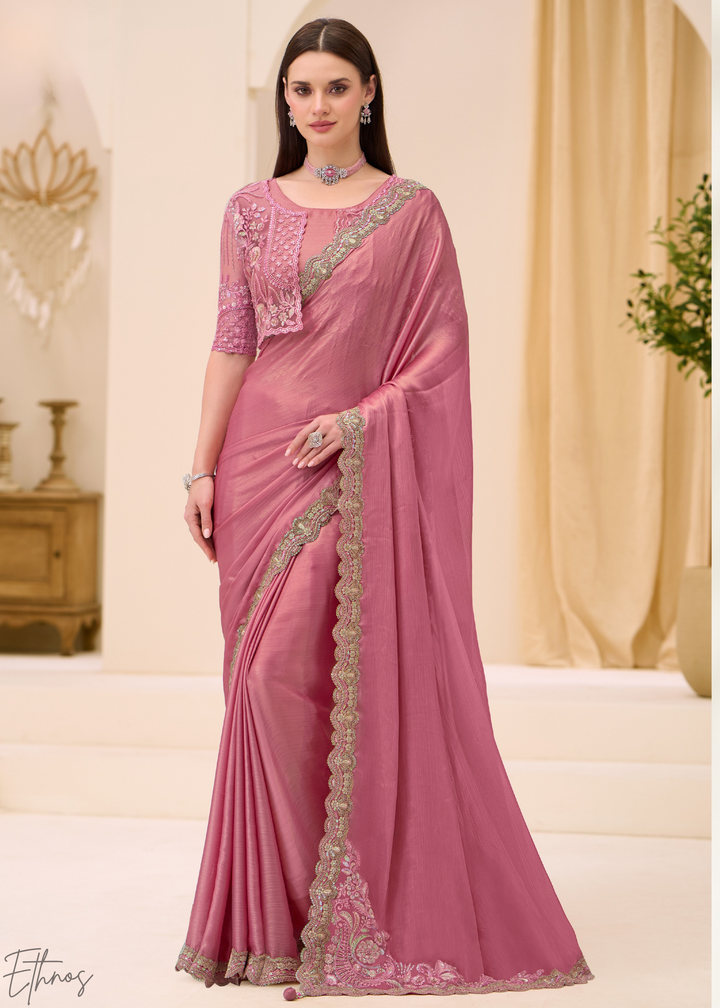 Pastel Rose Shimmer Satin Chiffon Saree