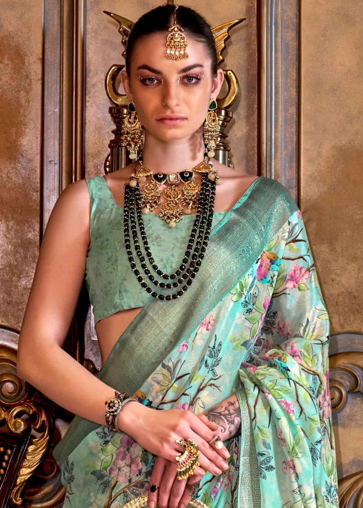 Pastel Sage Bloom Tissue Silk Saree