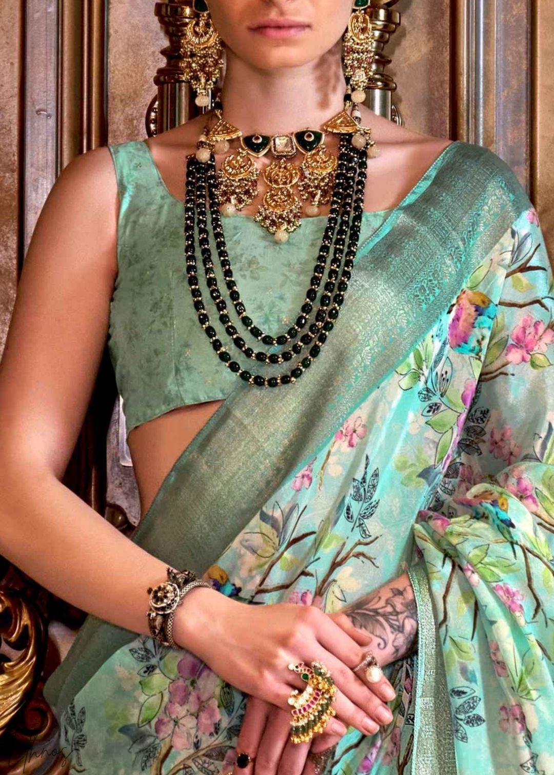 Pastel Sage Bloom Tissue Silk Saree