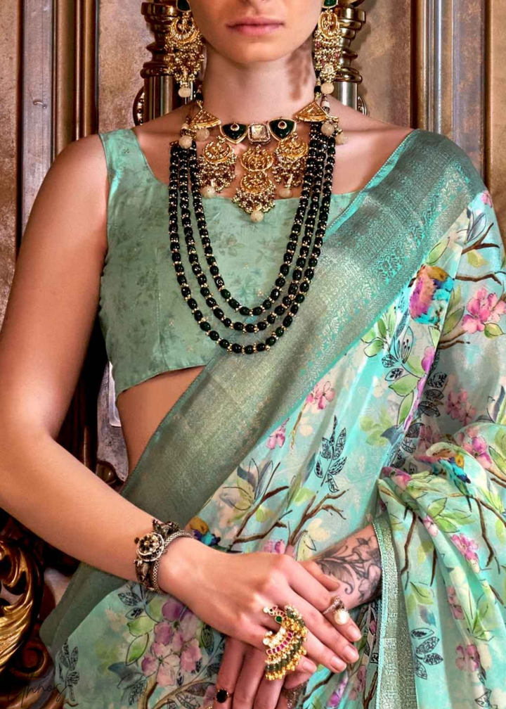 Pastel Sage Bloom Tissue Silk Saree