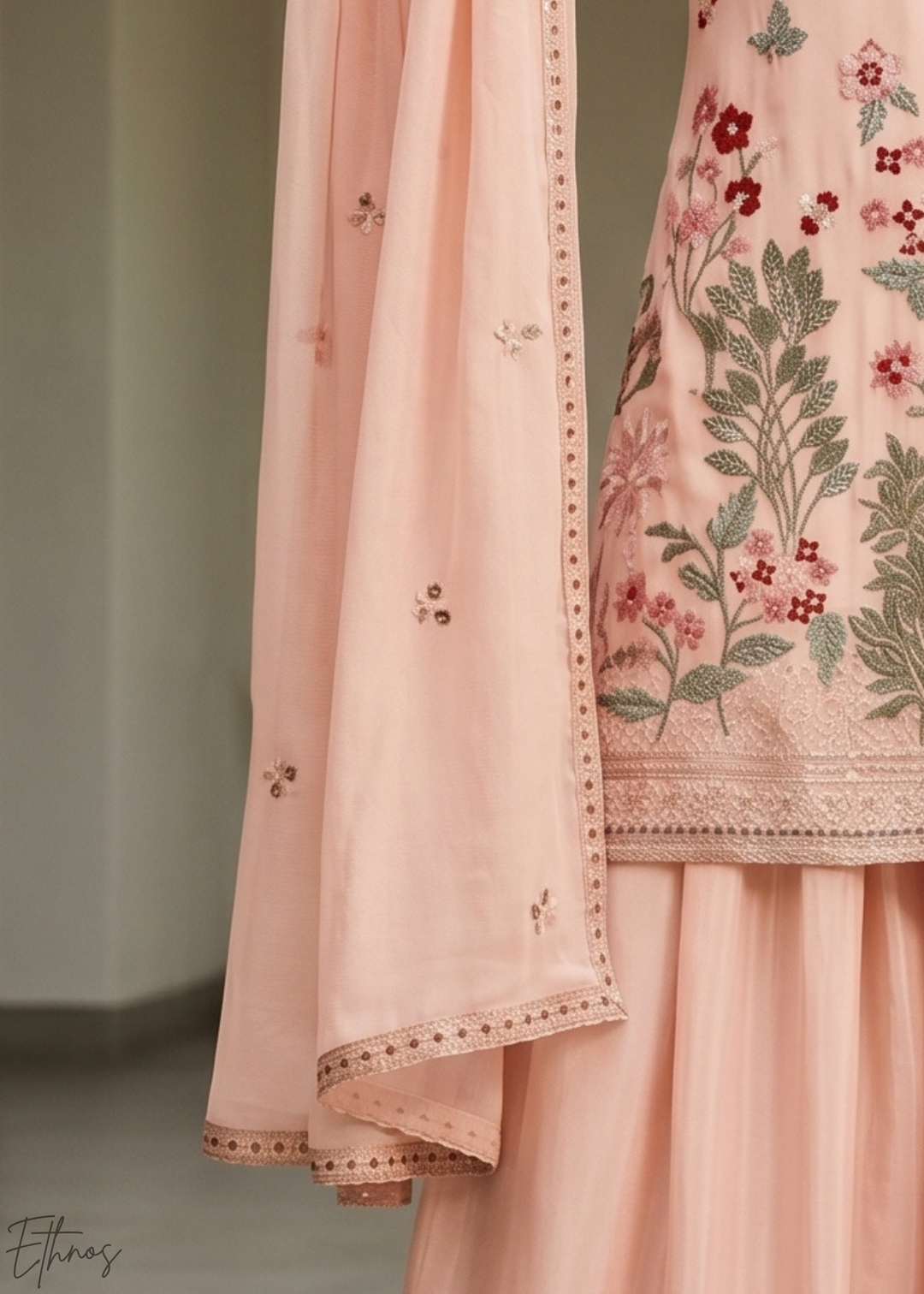 Peach Blossom-Bouquet Embroidered Chinon Palazzo Suit