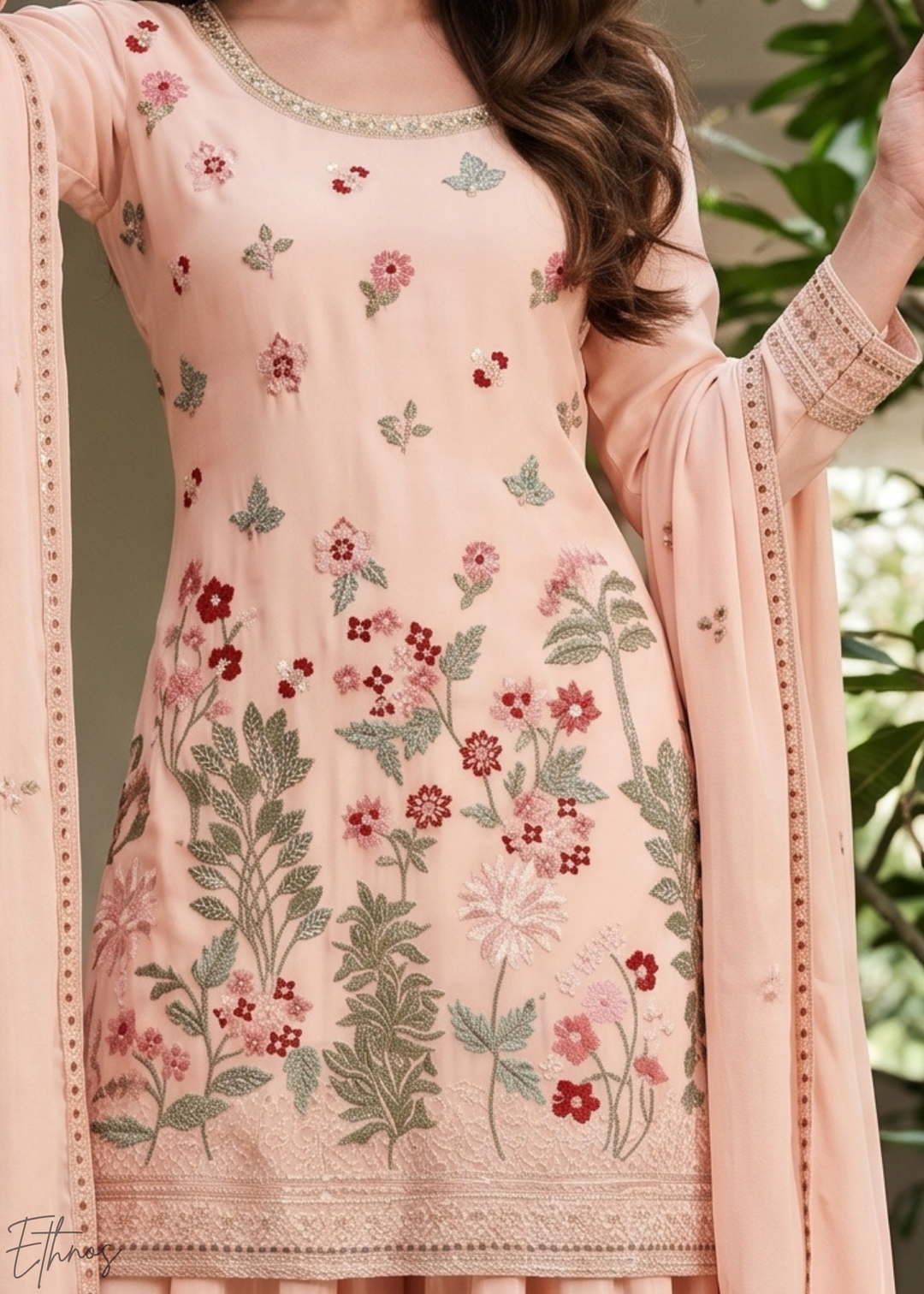 Peach Blossom-Bouquet Embroidered Chinon Palazzo Suit