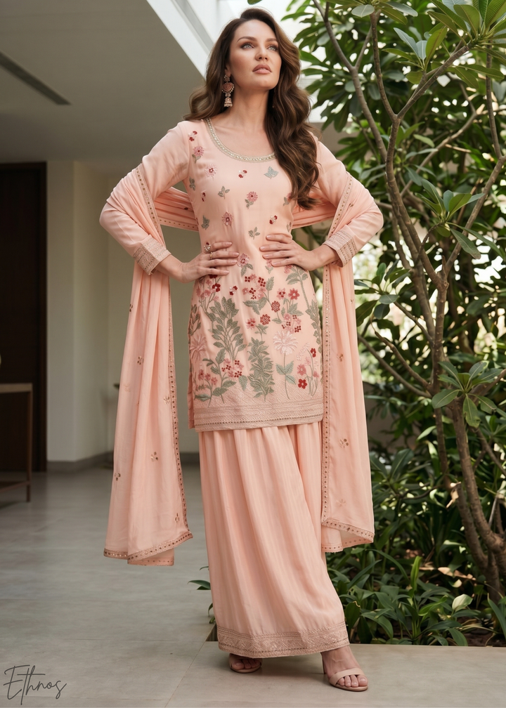 Peach Blossom-Bouquet Embroidered Chinon Palazzo Suit
