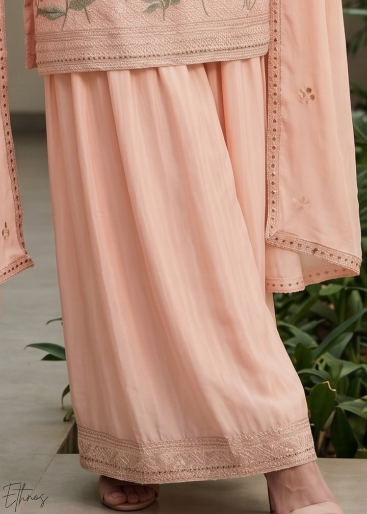 Peach Blossom-Bouquet Embroidered Chinon Palazzo Suit