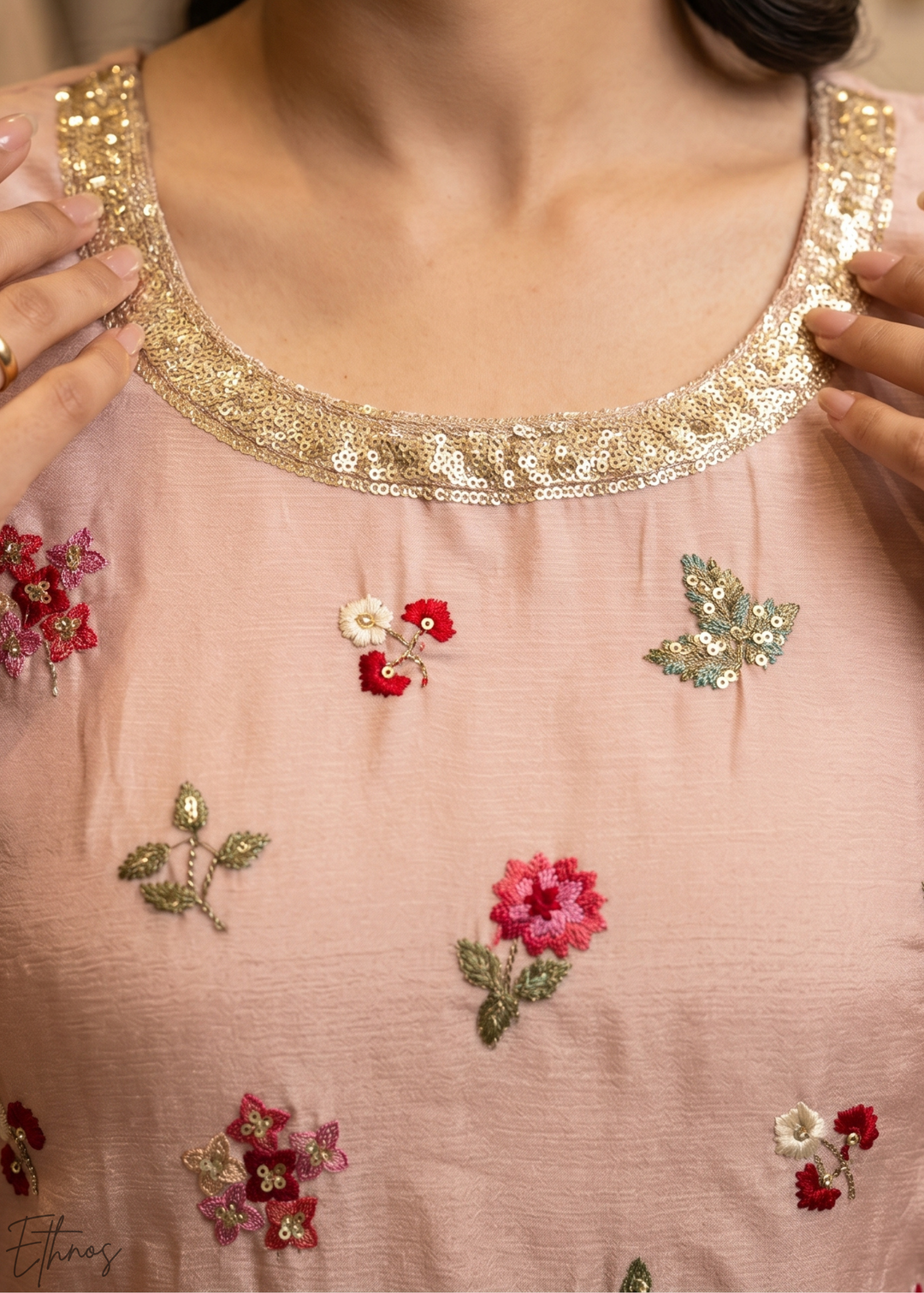Peach Blossom-Bouquet Embroidered Chinon Palazzo Suit