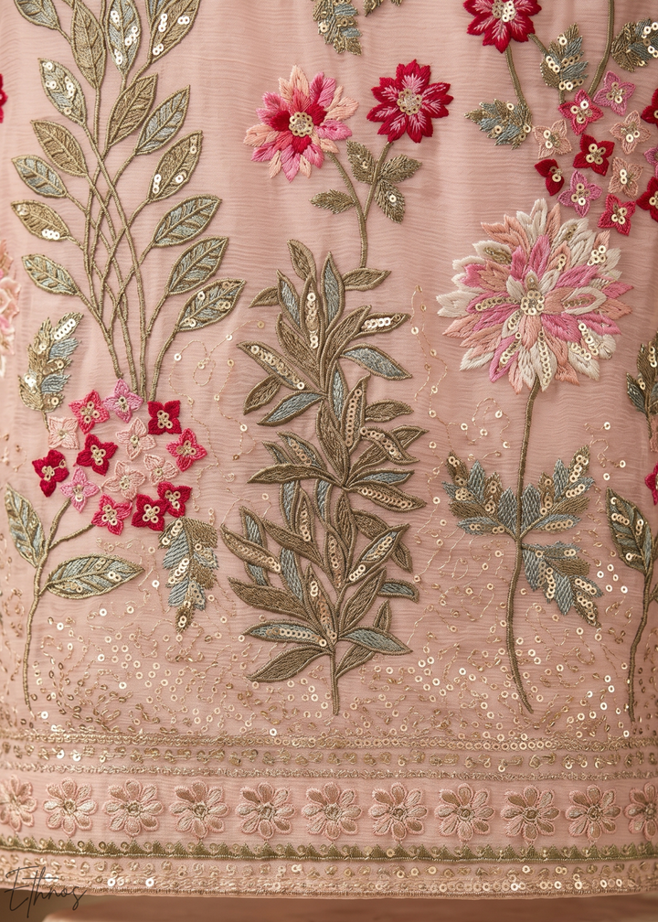 Peach Blossom-Bouquet Embroidered Chinon Palazzo Suit