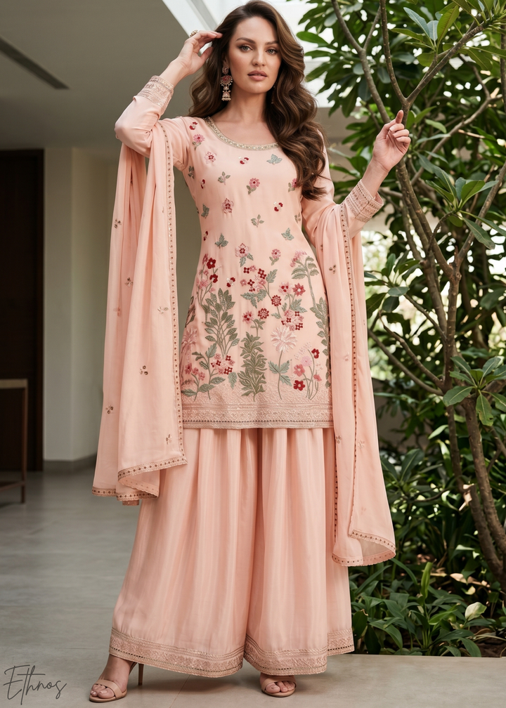 Peach Blossom-Bouquet Embroidered Chinon Palazzo Suit