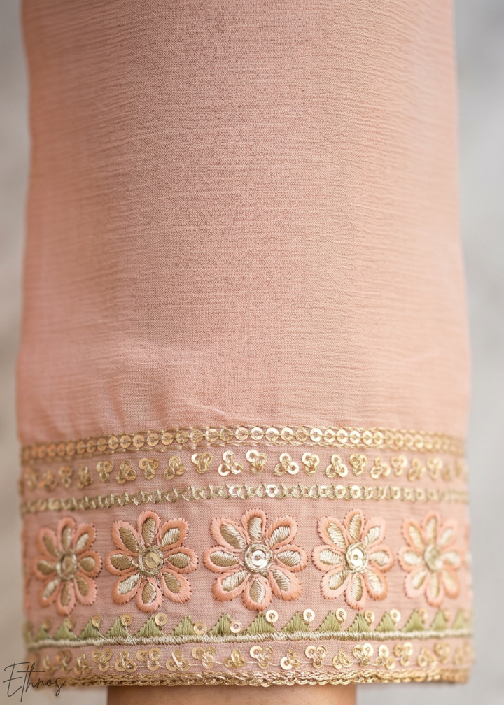 Peach Blossom-Bouquet Embroidered Chinon Palazzo Suit