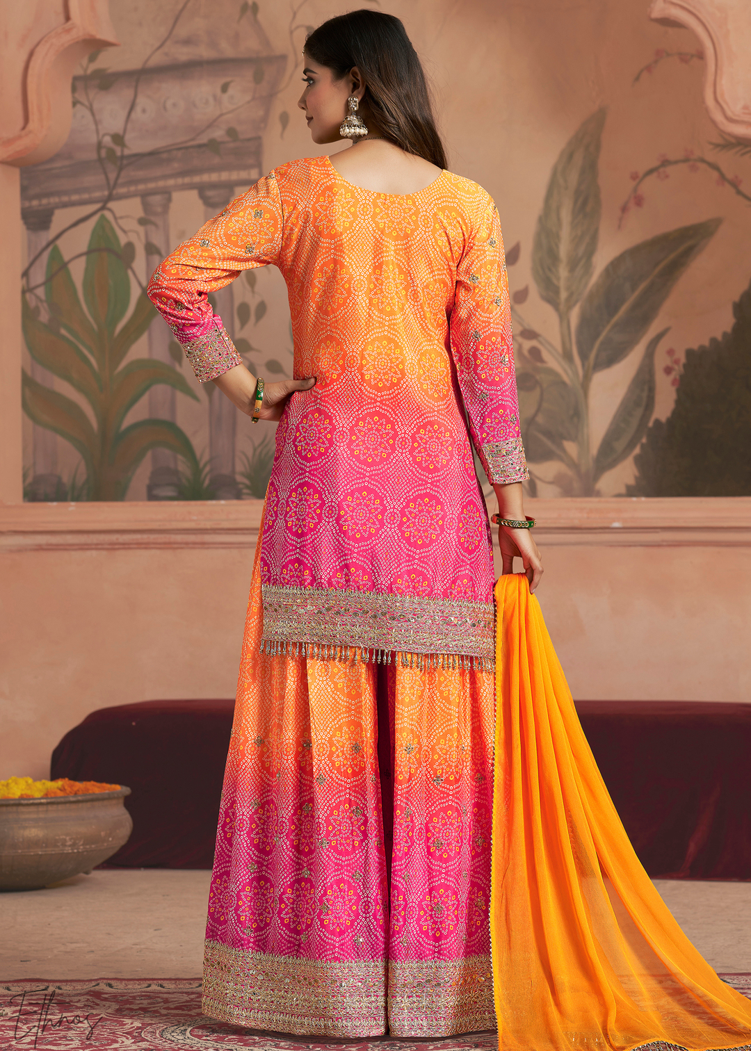 Peach Blush Bandhani Chinon Sharara Suit