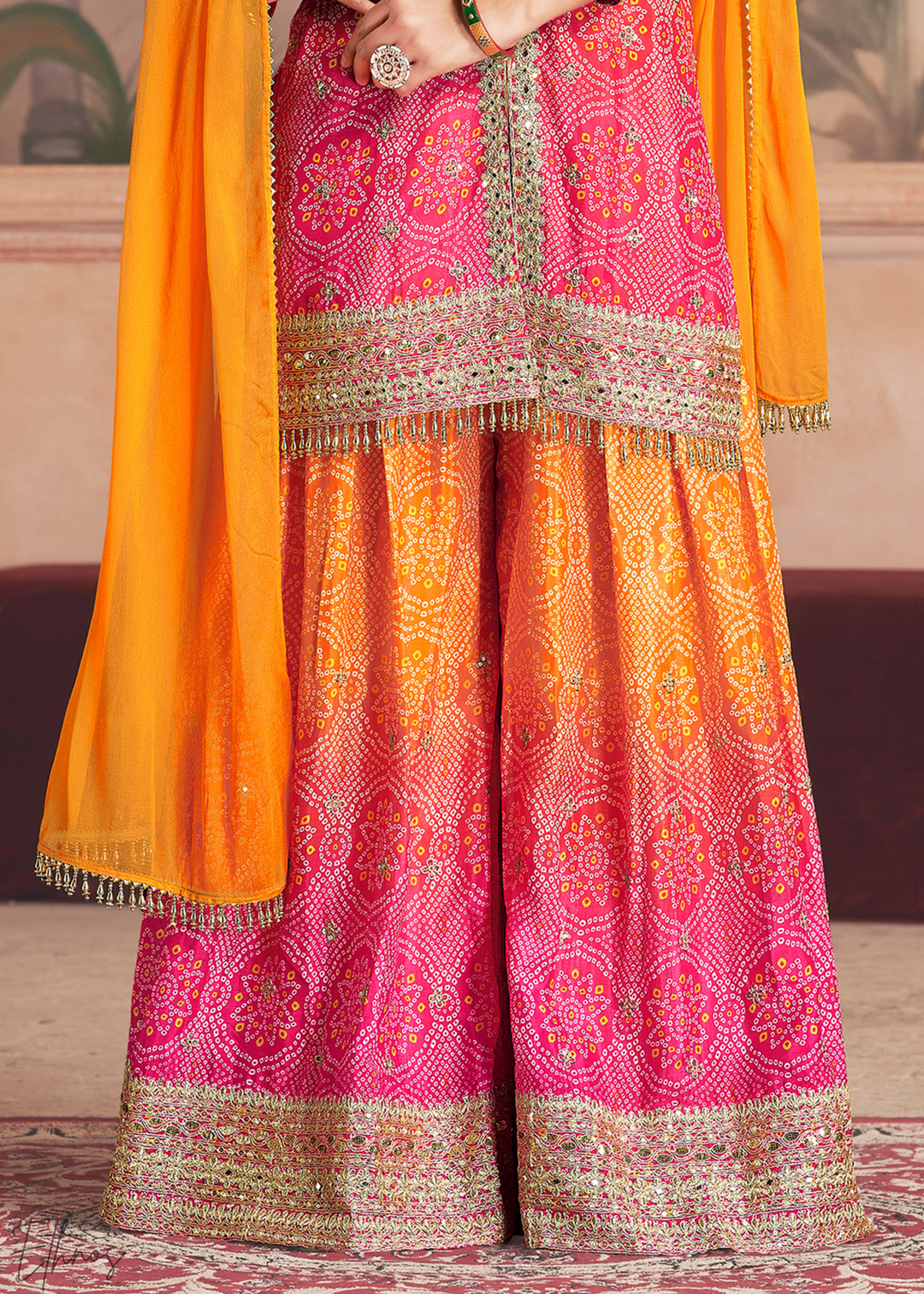 Peach Blush Bandhani Chinon Sharara Suit