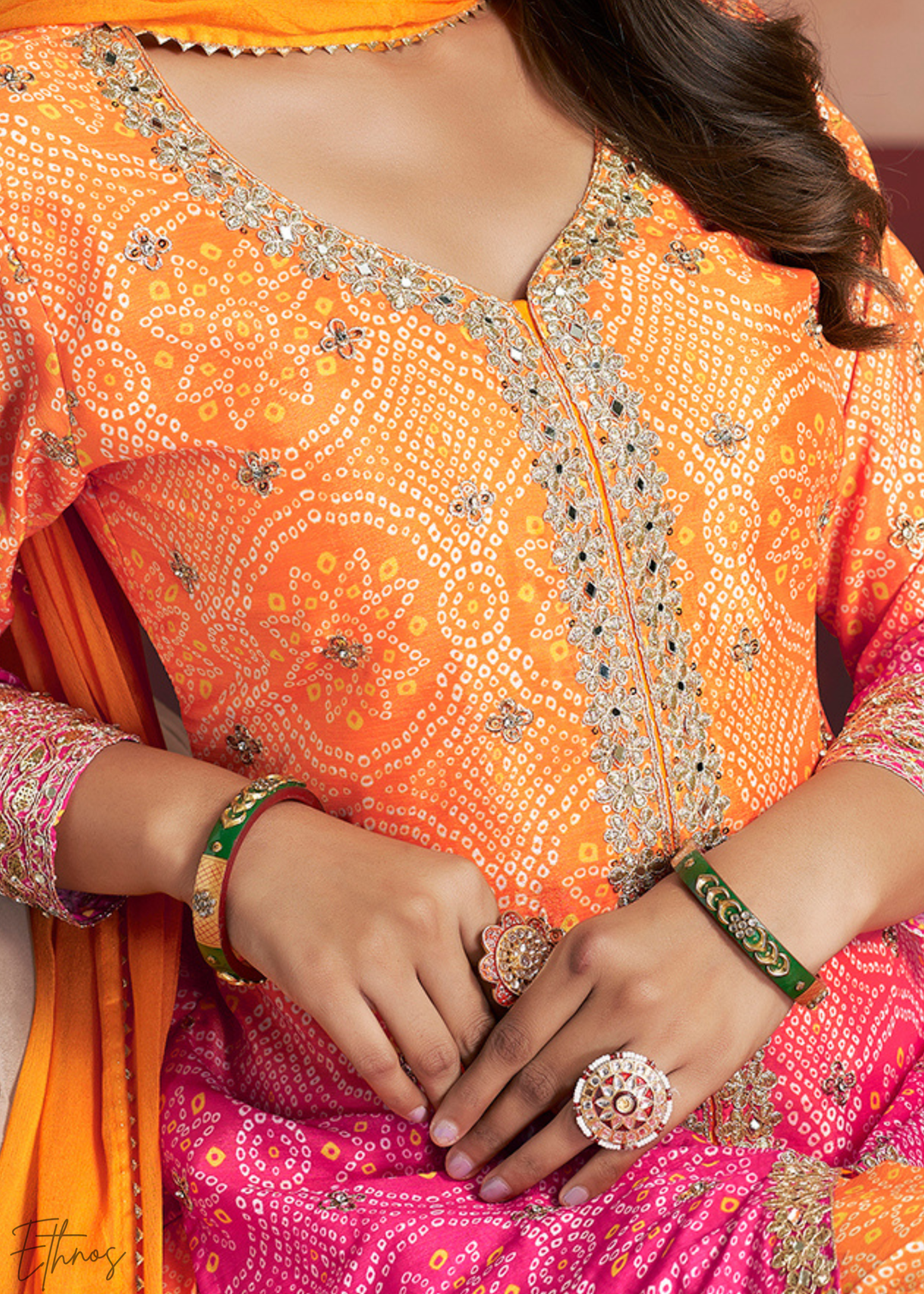 Peach Blush Bandhani Chinon Sharara Suit