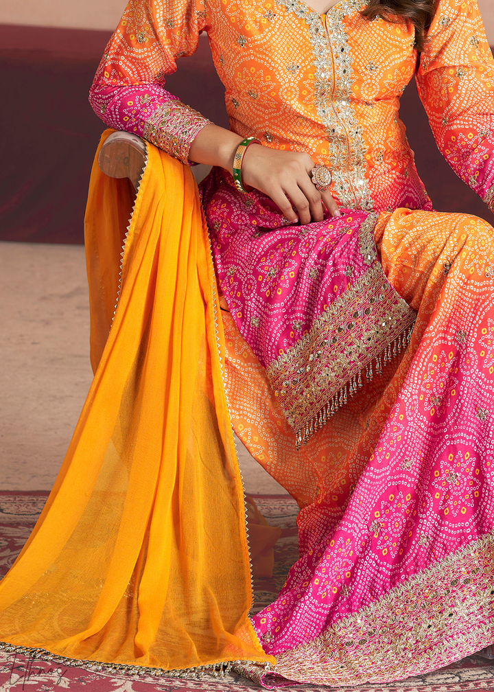 Peach Blush Bandhani Chinon Sharara Suit