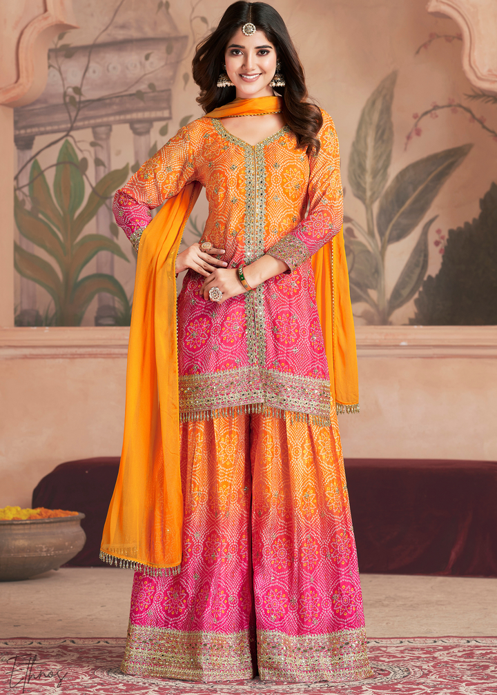 Peach Blush Bandhani Chinon Sharara Suit