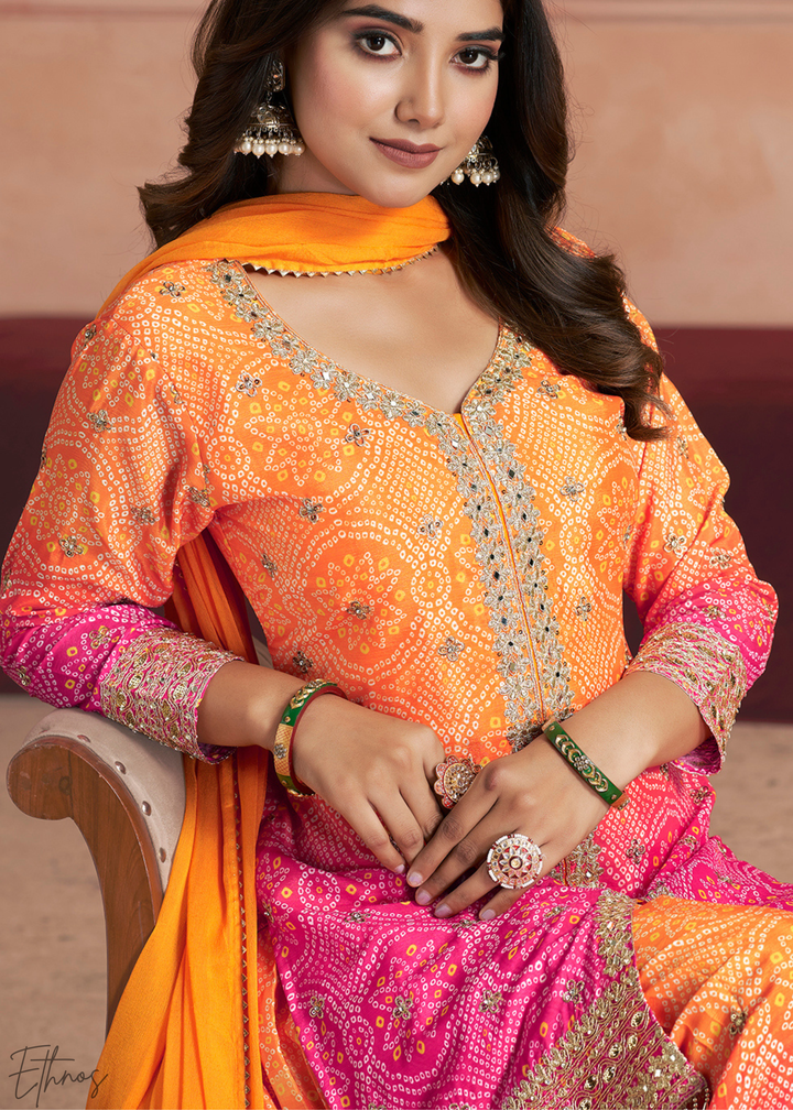 Peach Blush Bandhani Chinon Sharara Suit