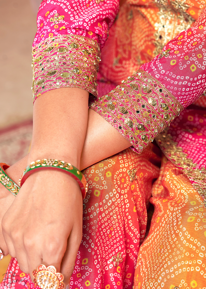 Peach Blush Bandhani Chinon Sharara Suit