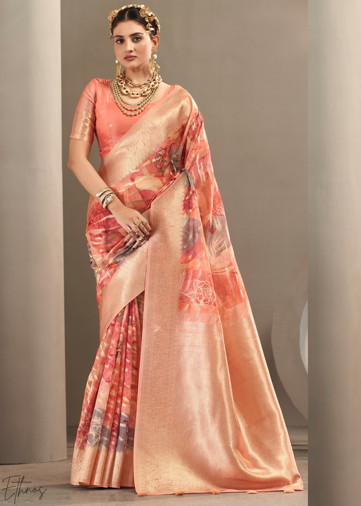Peach Coral Abstract Digital Print Metallic Vellora Saree