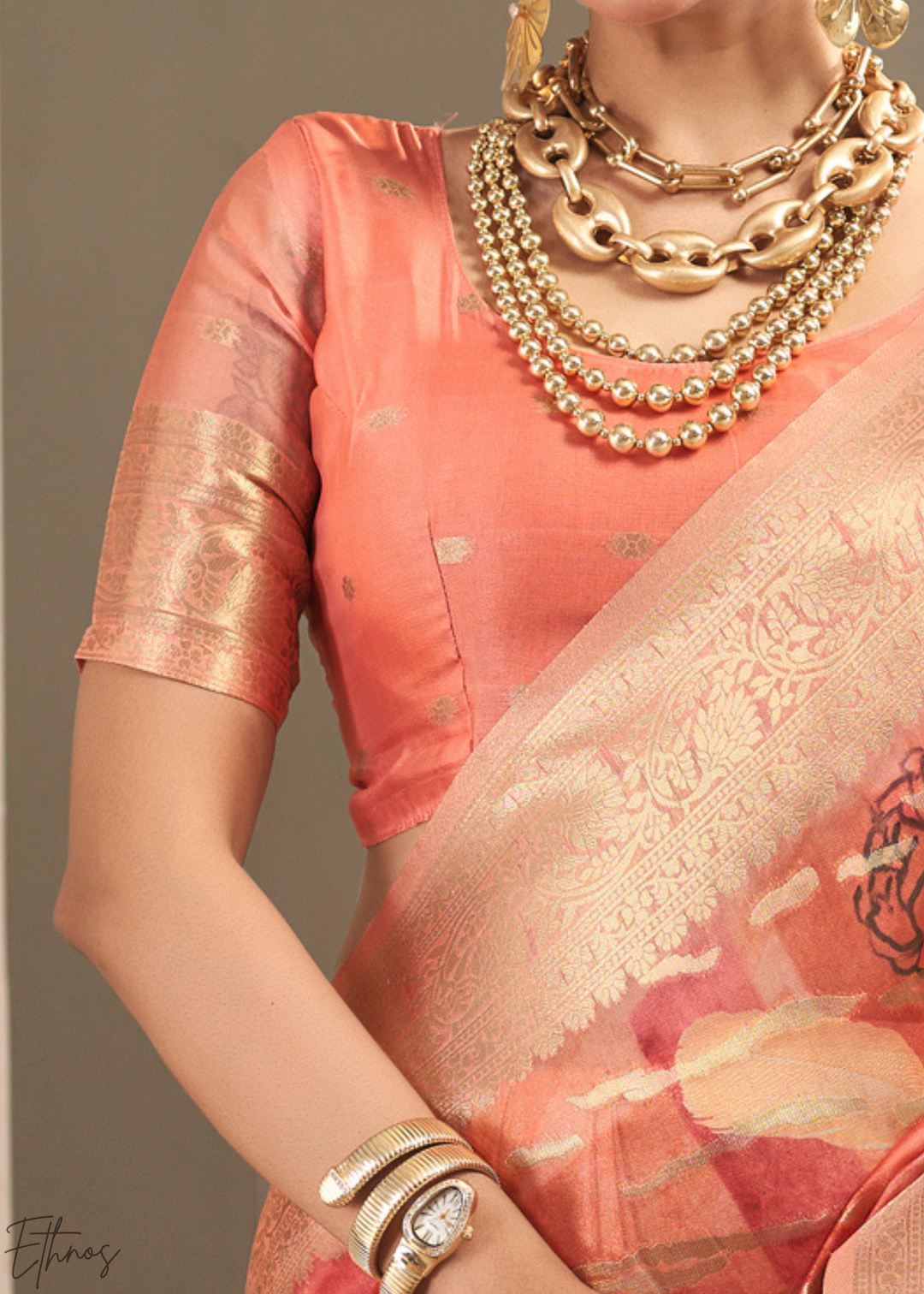 Peach Coral Abstract Digital Print Metallic Vellora Saree