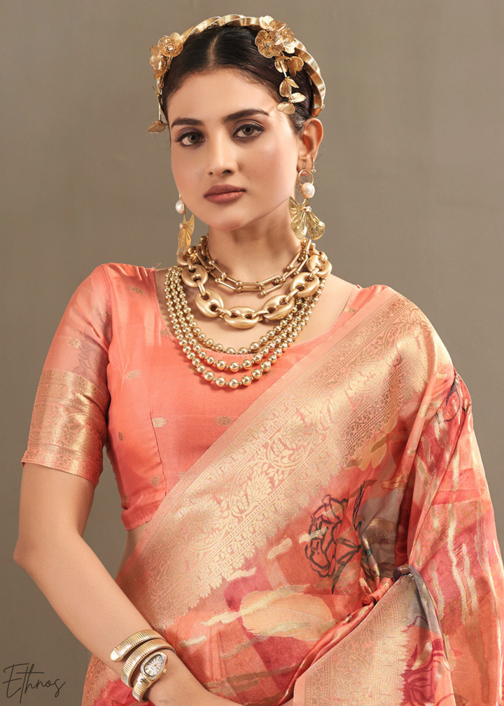Peach Coral Abstract Digital Print Metallic Vellora Saree