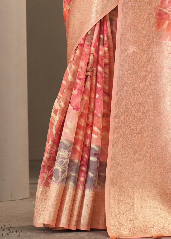 Peach Coral Abstract Digital Print Metallic Vellora Saree