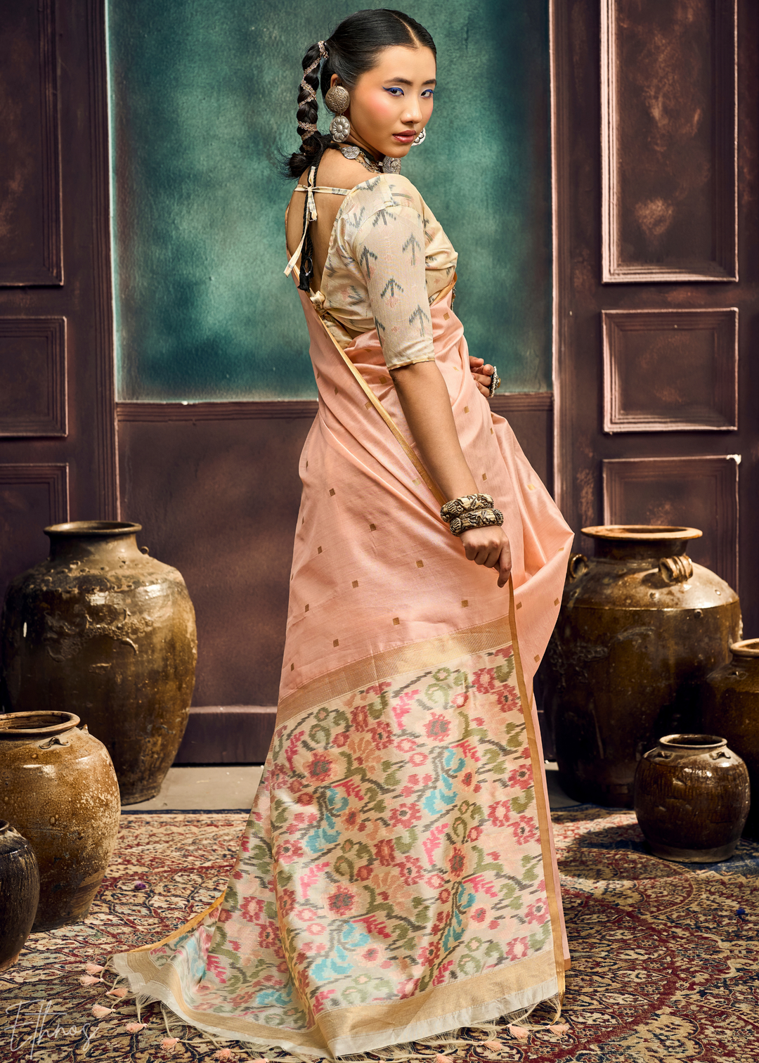 Peach Coral Artisan Phulkari Weave Silk Saree