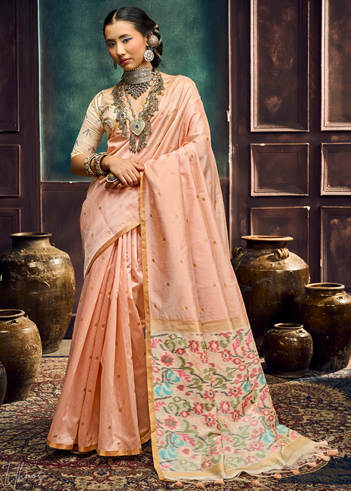 Peach Coral Artisan Phulkari Weave Silk Saree
