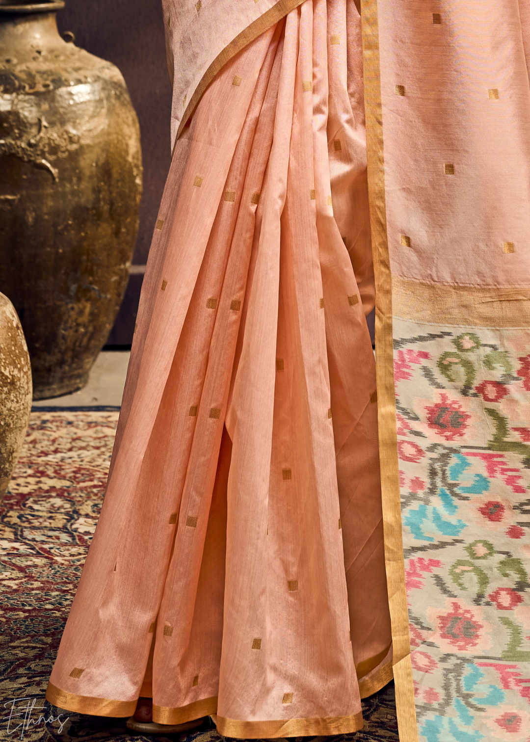 Peach Coral Artisan Phulkari Weave Silk Saree