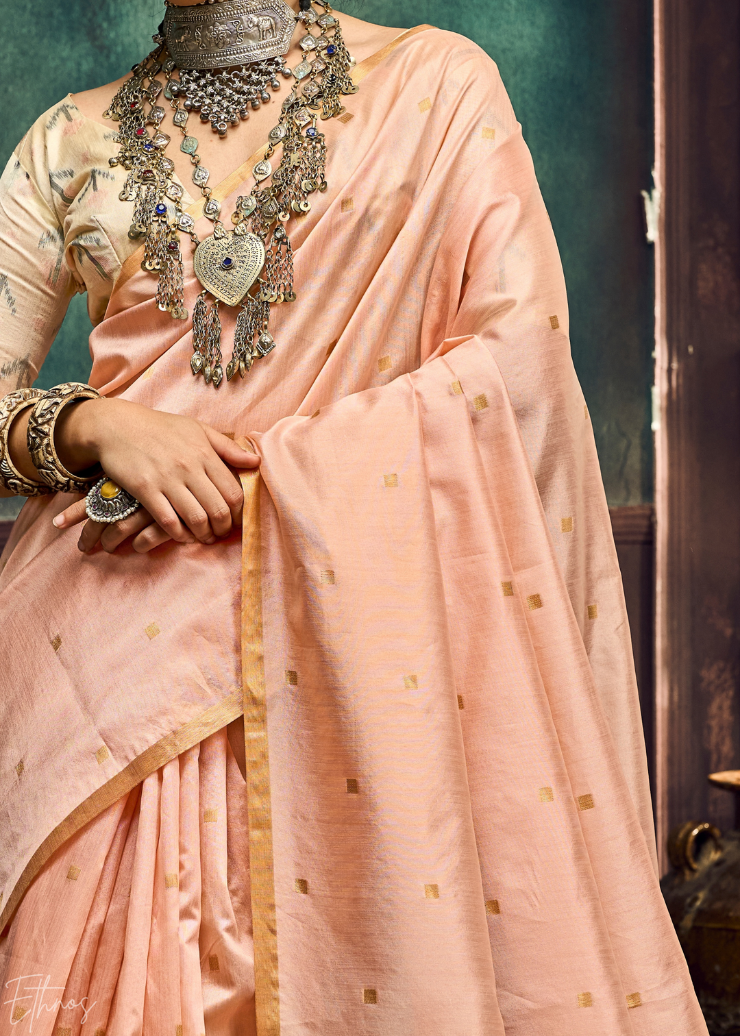 Peach Coral Artisan Phulkari Weave Silk Saree