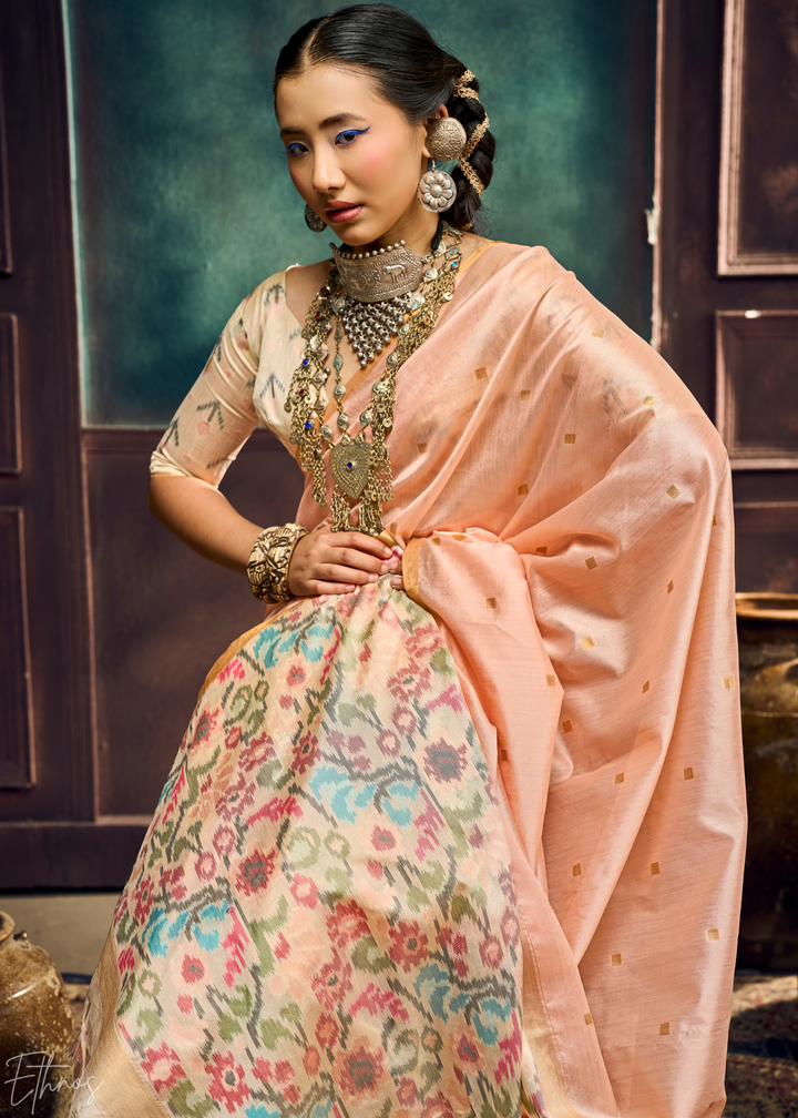 Peach Coral Artisan Phulkari Weave Silk Saree