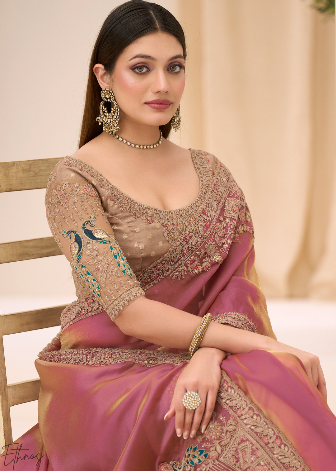 Peach Coral Delicate Sheer Tissue Georgette Saree