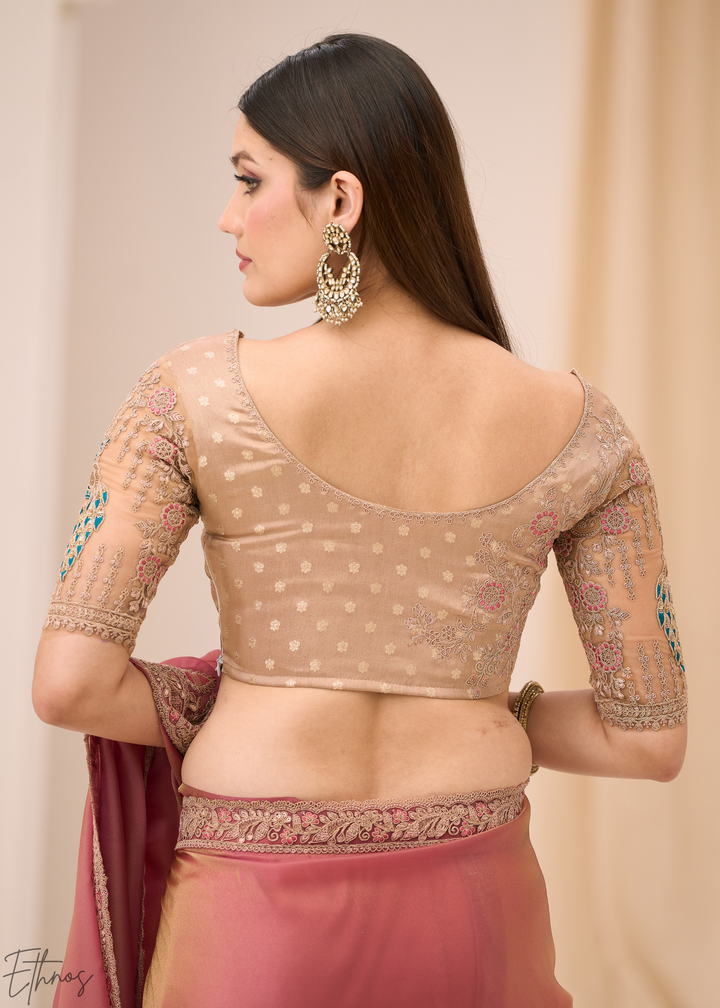 Peach Coral Delicate Sheer Tissue Georgette Saree