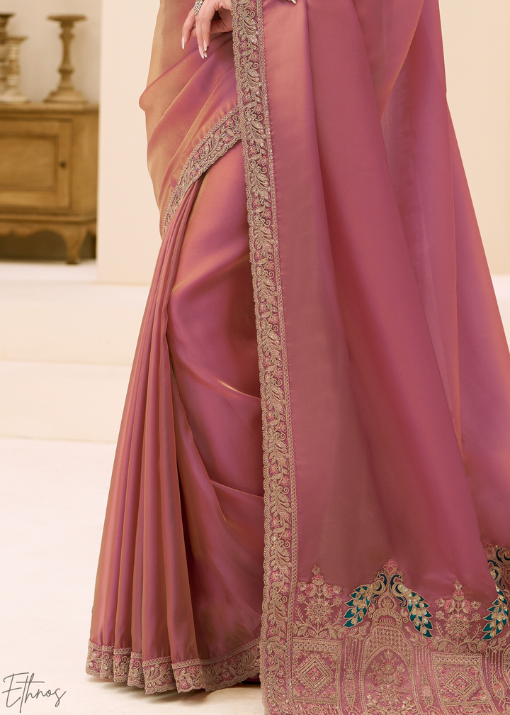 Peach Coral Delicate Sheer Tissue Georgette Saree