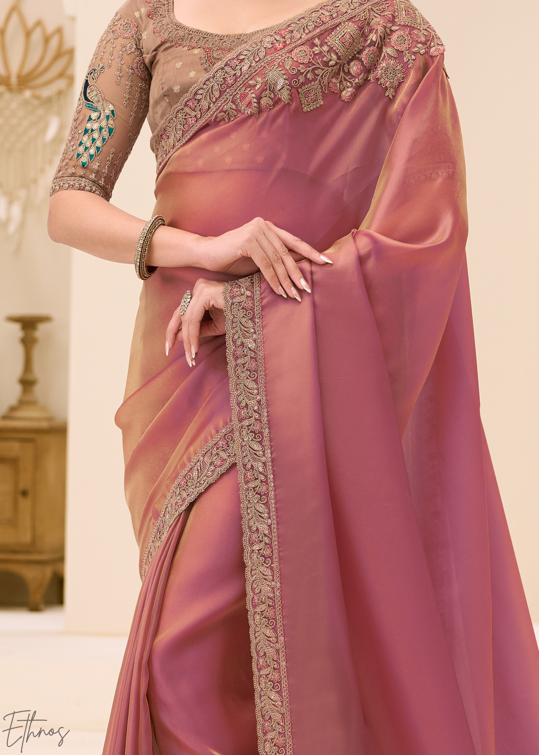 Peach Coral Delicate Sheer Tissue Georgette Saree