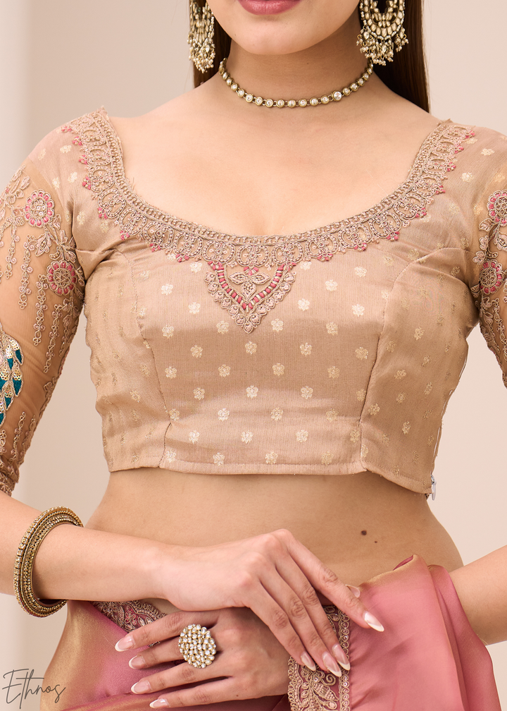Peach Coral Delicate Sheer Tissue Georgette Saree