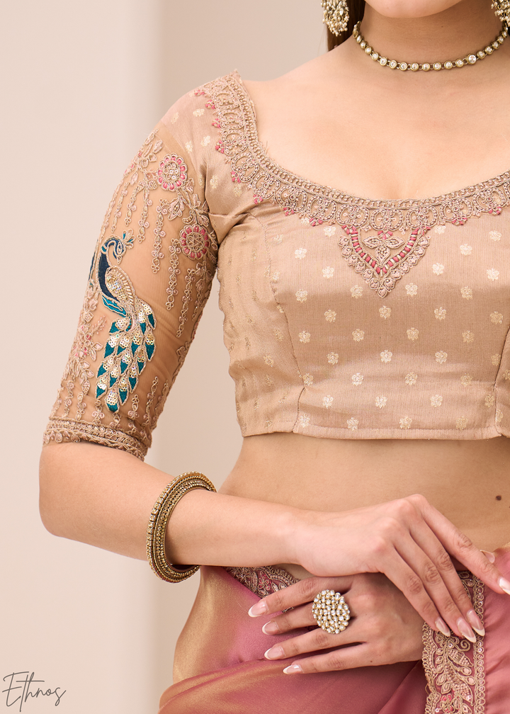 Peach Coral Delicate Sheer Tissue Georgette Saree