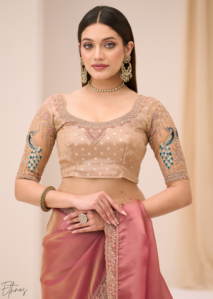 Peach Coral Delicate Sheer Tissue Georgette Saree