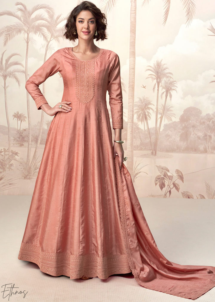 Peach Coral Self-Texture Embroidered Silk Anarkali Gown & Dupatta Set