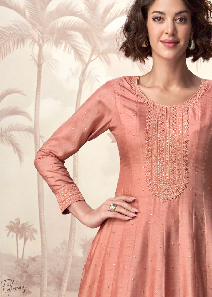 Peach Coral Self-Texture Embroidered Silk Anarkali Gown & Dupatta Set
