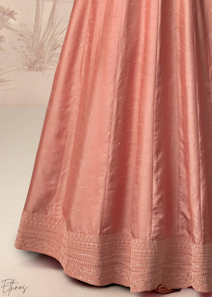 Peach Coral Self-Texture Embroidered Silk Anarkali Gown & Dupatta Set