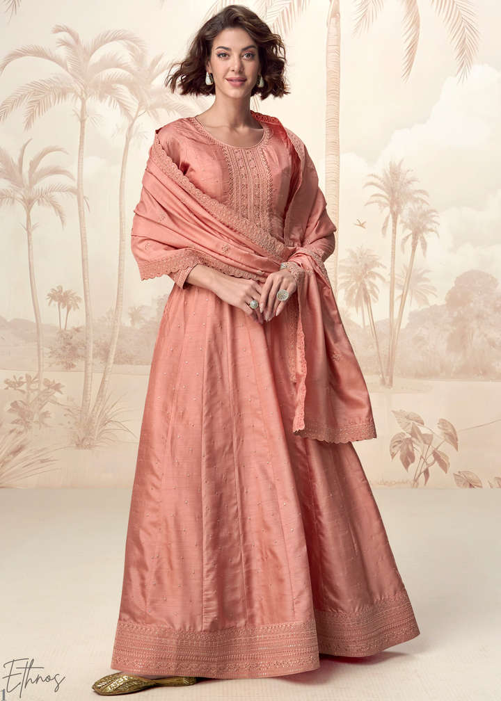 Peach Coral Self-Texture Embroidered Silk Anarkali Gown & Dupatta Set