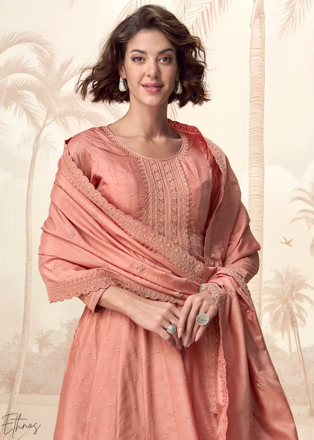 Peach Coral Self-Texture Embroidered Silk Anarkali Gown & Dupatta Set