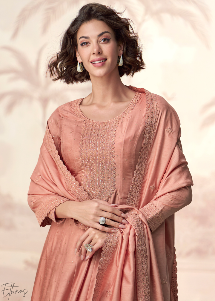 Peach Coral Self-Texture Embroidered Silk Anarkali Gown & Dupatta Set