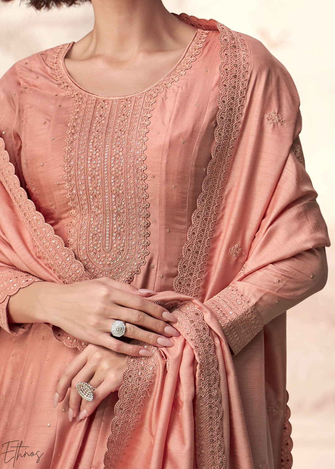Peach Coral Self-Texture Embroidered Silk Anarkali Gown & Dupatta Set