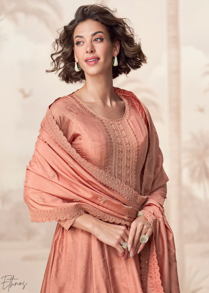Peach Coral Self-Texture Embroidered Silk Anarkali Gown & Dupatta Set