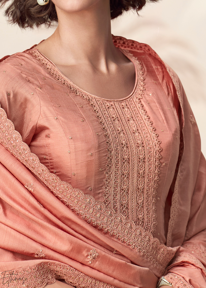 Peach Coral Self-Texture Embroidered Silk Anarkali Gown & Dupatta Set