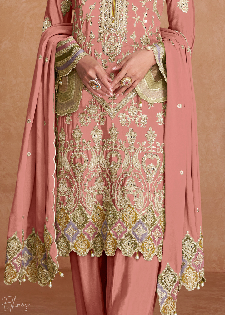 Peach Embroidered Chinon Palazzo Suit